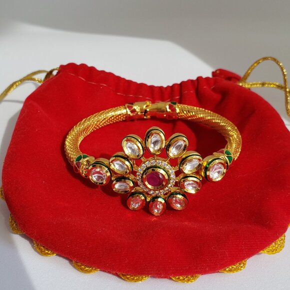 NWOT Statement Bracelet Elegant Kundan Enamel CZ Floral Design Hinged Bangle - Picture 9 of 13